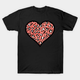 Coral, Black and White Leopard Print Heart T-Shirt